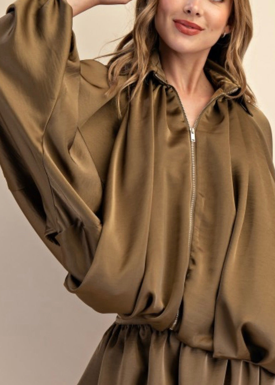 The Pink Door Satin Zip Up Bubble Jacket Olive