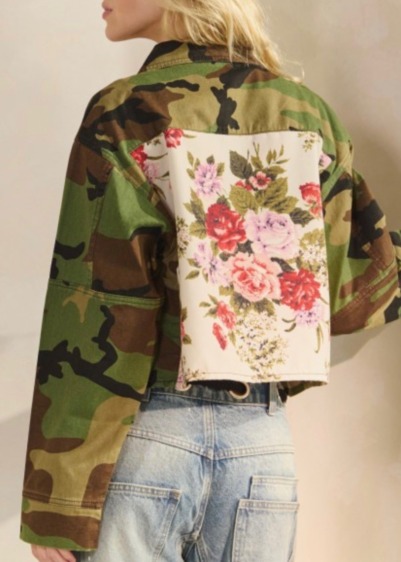 The Pink Door Camo Jacket w/ Back Floral Detail Ivory