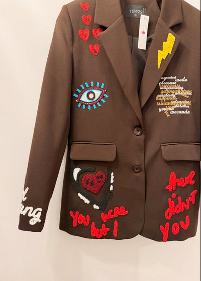 The Pink Door Embroidered Graffiti Blazer Brown