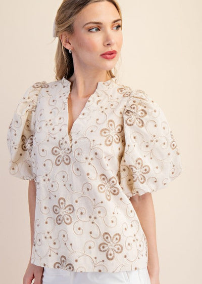 The Pink Door Embroidered Puff Sleeve Top Ivory