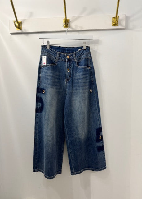 The Pink Door Wide Leg Crop Denim w/ Gold Detail