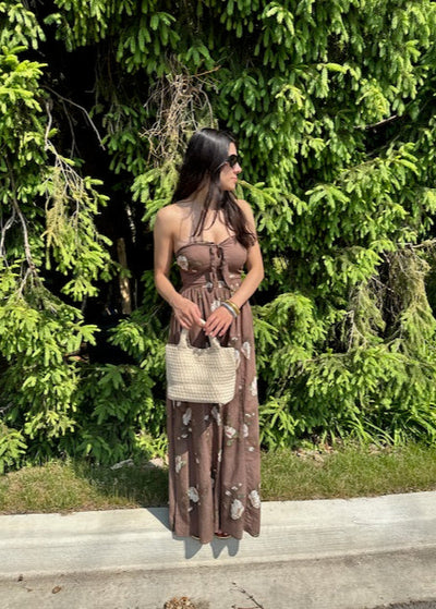 The Pink Door Strapless Floral Jumpsuit Brown