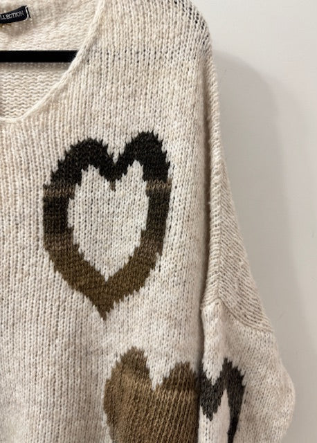 The Pink Door Multi Heart Sweater Oatmeal