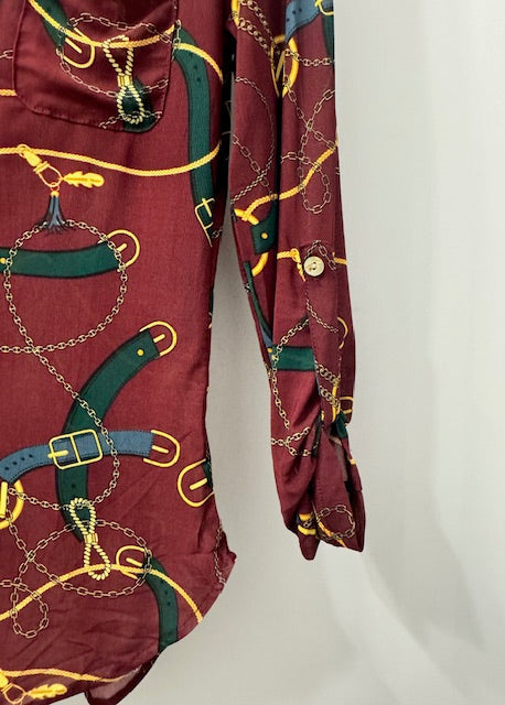 The Pink Door Horsebit Print Mesh Shirt Wine