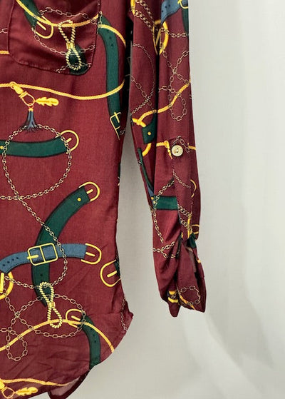 The Pink Door Horsebit Print Mesh Shirt Wine