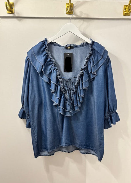 The Pink Door Ruffle Denim Top