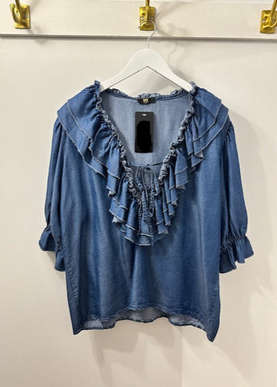 The Pink Door Ruffle Denim Top