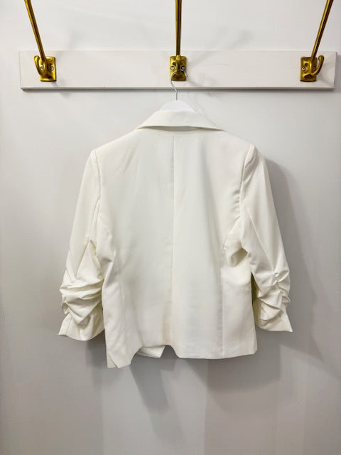 The Pink Door Ruched Sleeve Short Blazer White