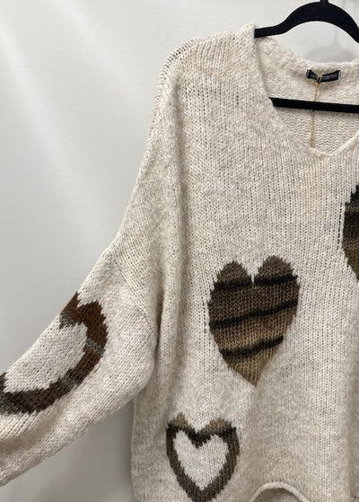 The Pink Door Multi Heart Sweater Oatmeal