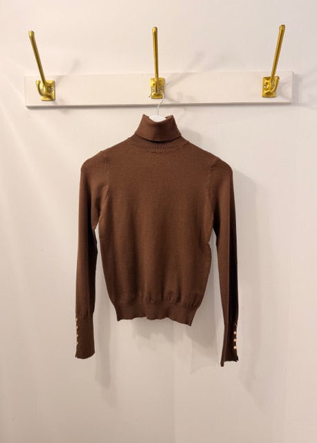 The Pink Door Fine Knit Turtleneck Sweater w/ Gold buttons Brown