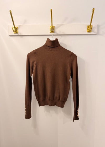 The Pink Door Fine Knit Turtleneck Sweater w/ Gold buttons Brown