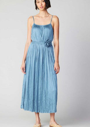 The Pink Door Silky Pleated Dress w/ Rosette Blue