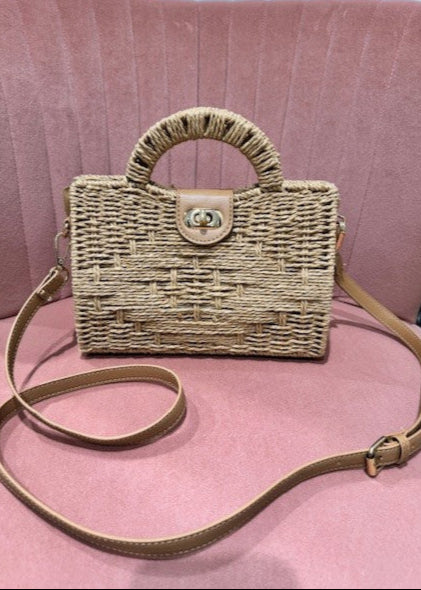 The Pink Door Mini Wicker Bag w/ Crossbody Strap Natural