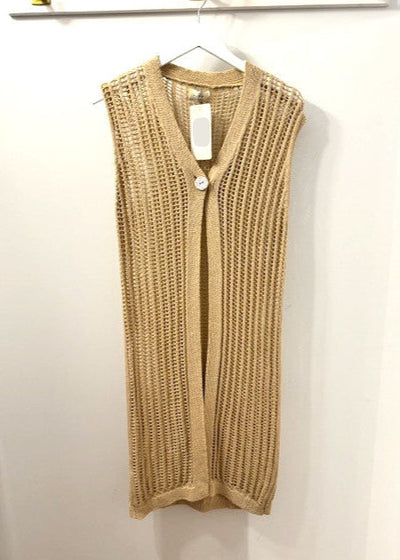 The Pink Door Cotton Long Crochet Vest Beige