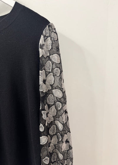 The Pink Door White Floral Sleeve  Sweater Black