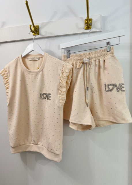 The Pink Door Rhinestone Sparkle Short Set Beige