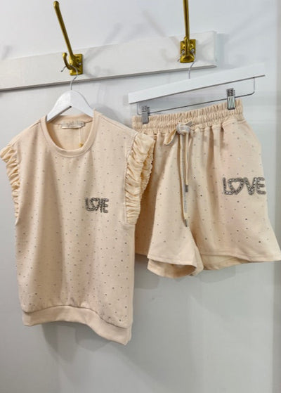 The Pink Door Rhinestone Sparkle Short Set Beige