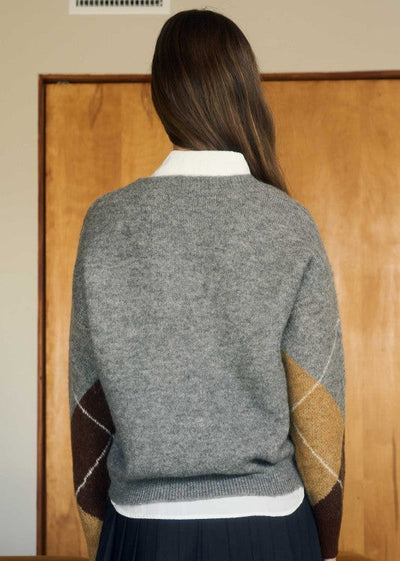 The Pink Door Neutral Multi Argyle V-Neck Sweater Grey