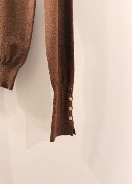 The Pink Door Fine Knit Turtleneck Sweater w/ Gold buttons Brown