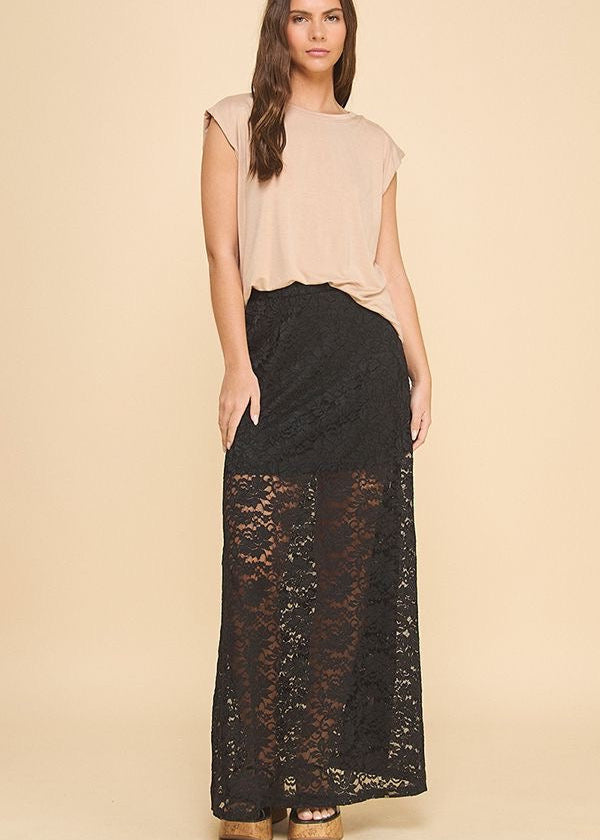 The Pink Door Long Lace Maxi Skirt Black