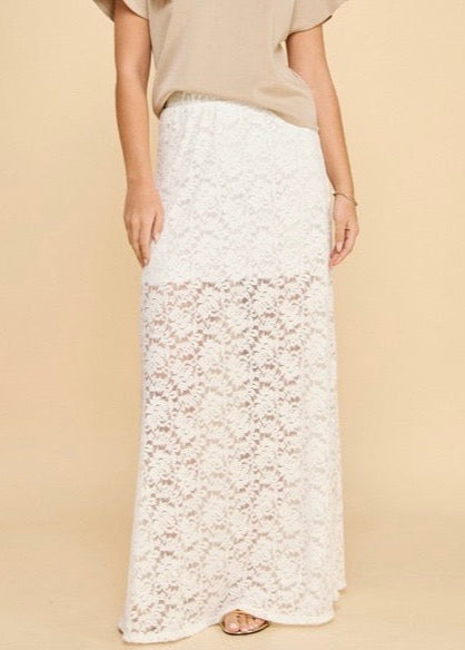 The Pink Door Long Lace Maxi Skirt White