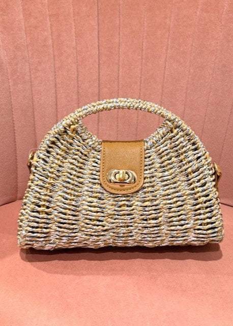 The Pink Door Mini Wicker Bag w/ Crossbody Strap Silver/Taupe