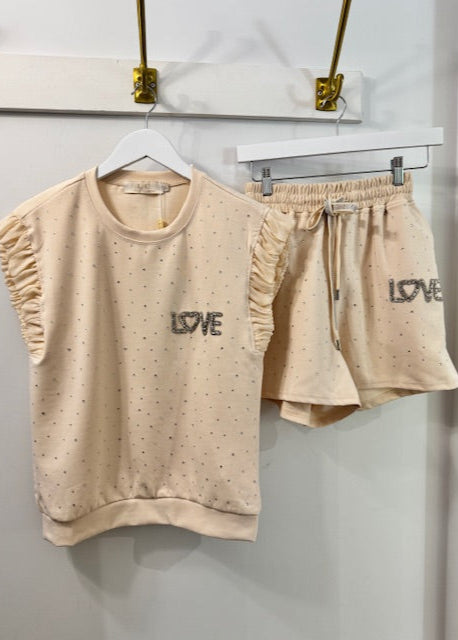 The Pink Door Rhinestone Sparkle Short Set Beige