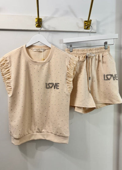 The Pink Door Rhinestone Sparkle Short Set Beige