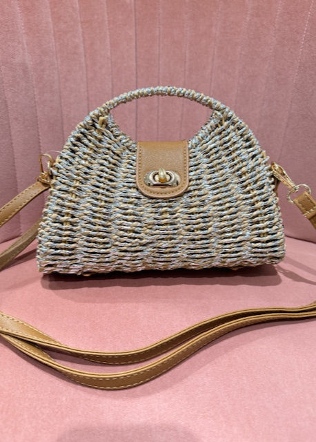 The Pink Door Mini Wicker Bag w/ Crossbody Strap Silver/Taupe