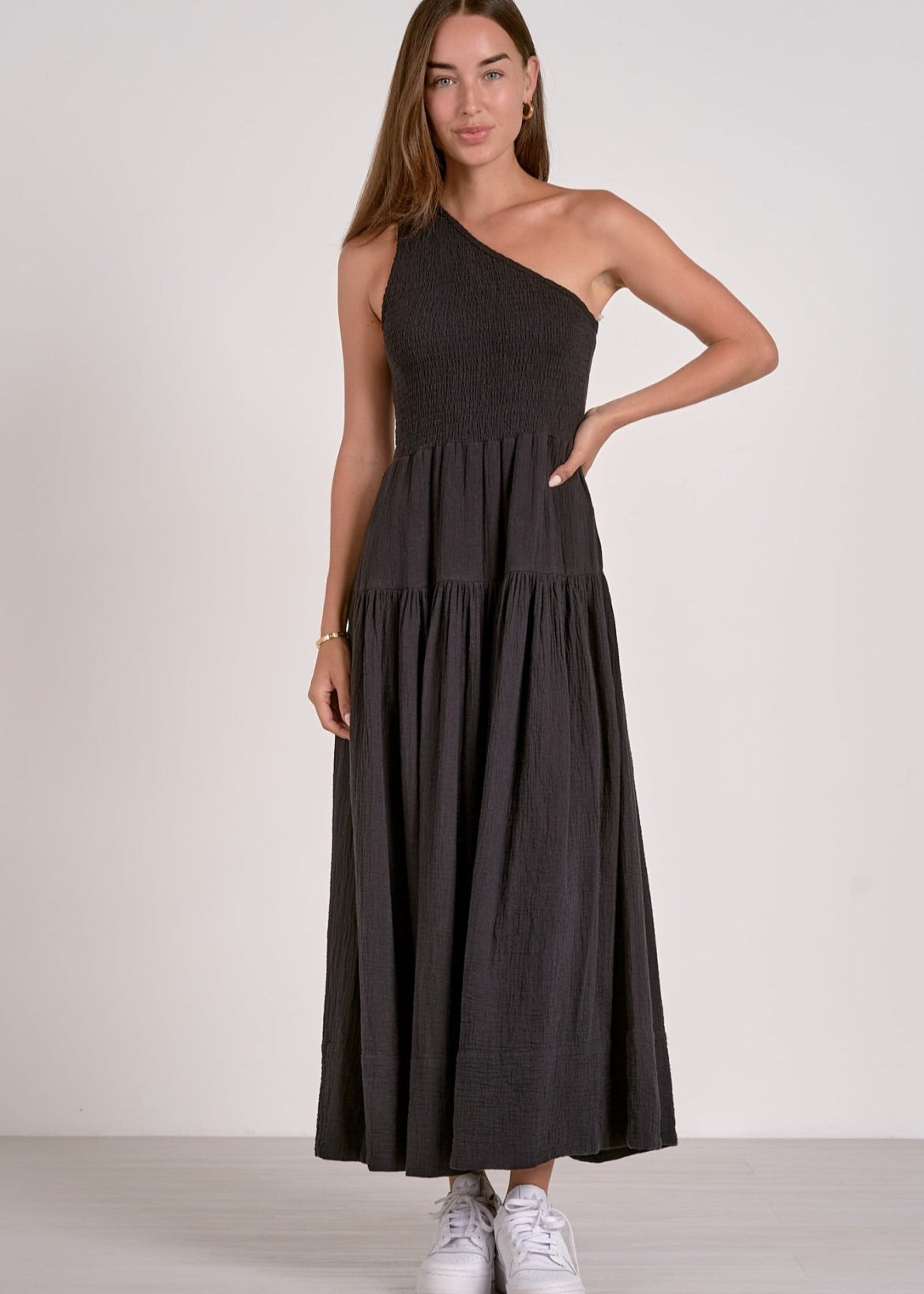 The Pink Door One Shoulder Smocked Midi Dress Black