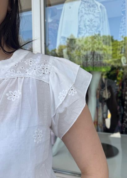 The Pink Door Eyelet Ruffle Sleeve Top White