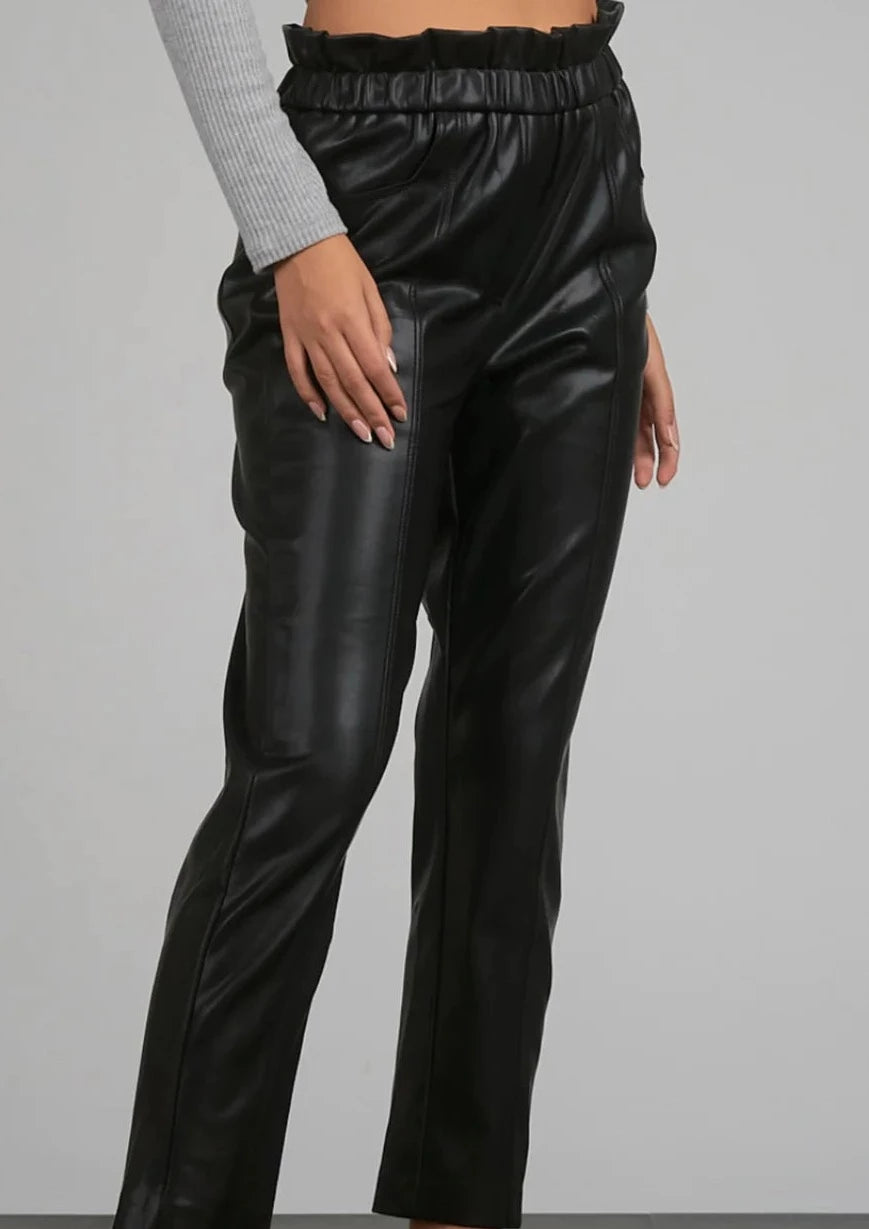 Elan Synched Waist Leather Pants - Black