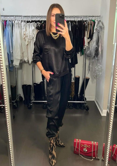 The Pink Door L/S Soft Satin Top - Black