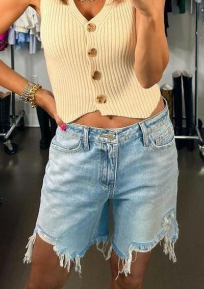 The Pink Door Distressed Cuff Denim Shorts - Light Wash