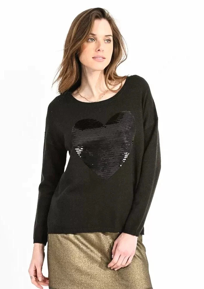 Molly Bracken Sequin Heart Pattern Sweater - Khaki