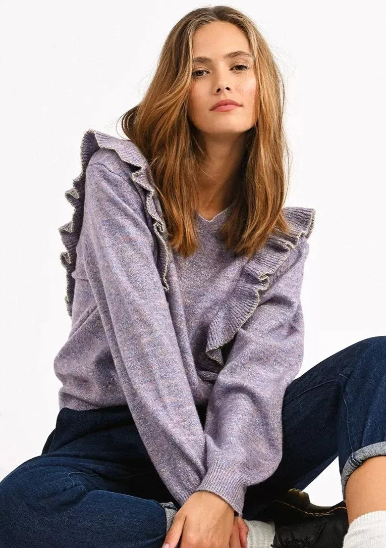 Molly Bracken Ruffle Shoulders Crew Neck Sweater - Mauve