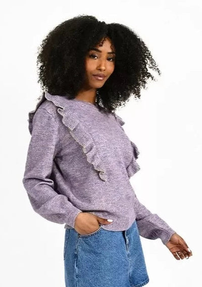 Molly Bracken Ruffle Shoulders Crew Neck Sweater - Mauve
