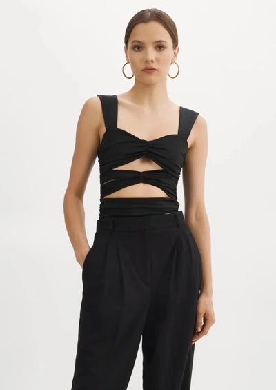 Lamarque Black Satin Ruched Cut Out Top