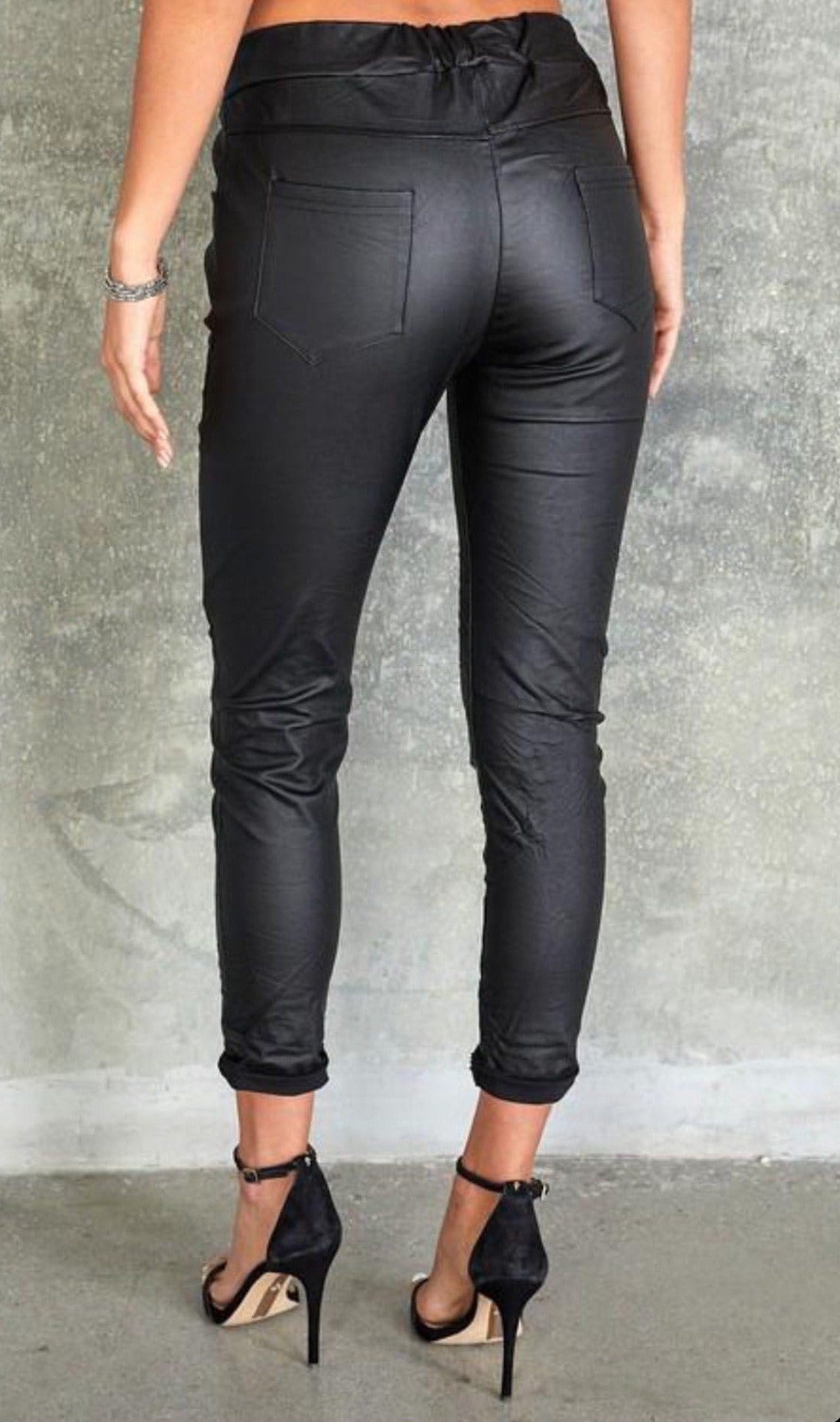 The Pink Door Faux Leather Jogger w/ Drawstring - Black 