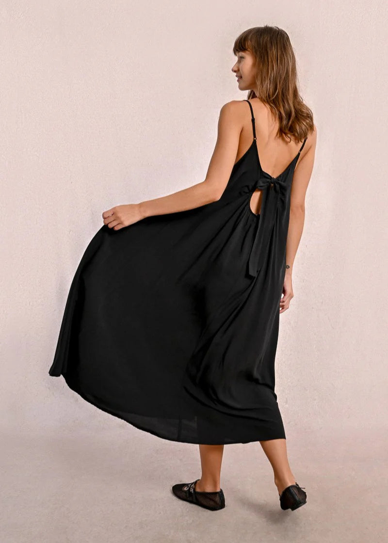 Molly Bracken Long Trapeze Dress w/ Bow Back Detail - Black