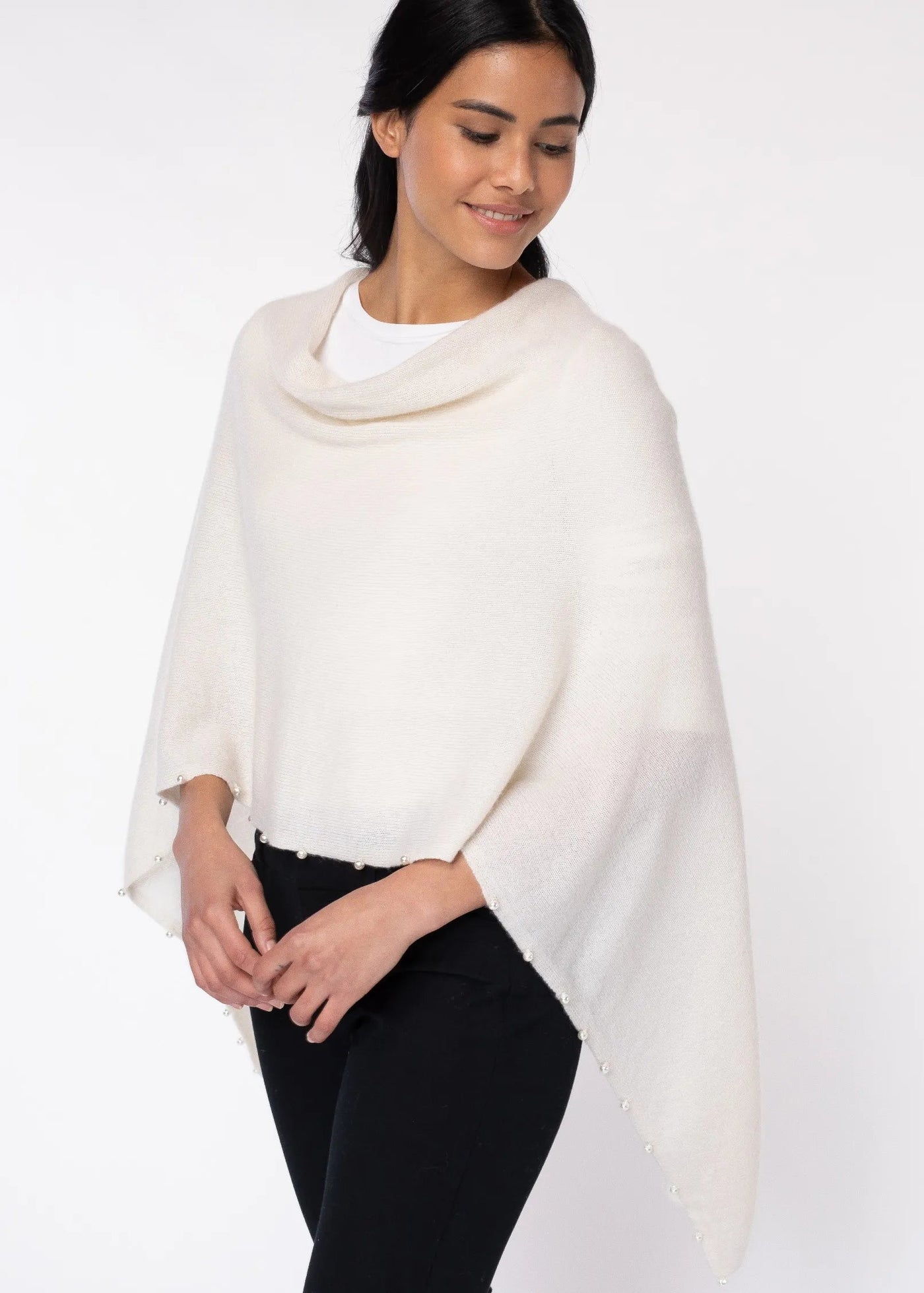 Alashan Cashmere Pearl Trim Poncho White