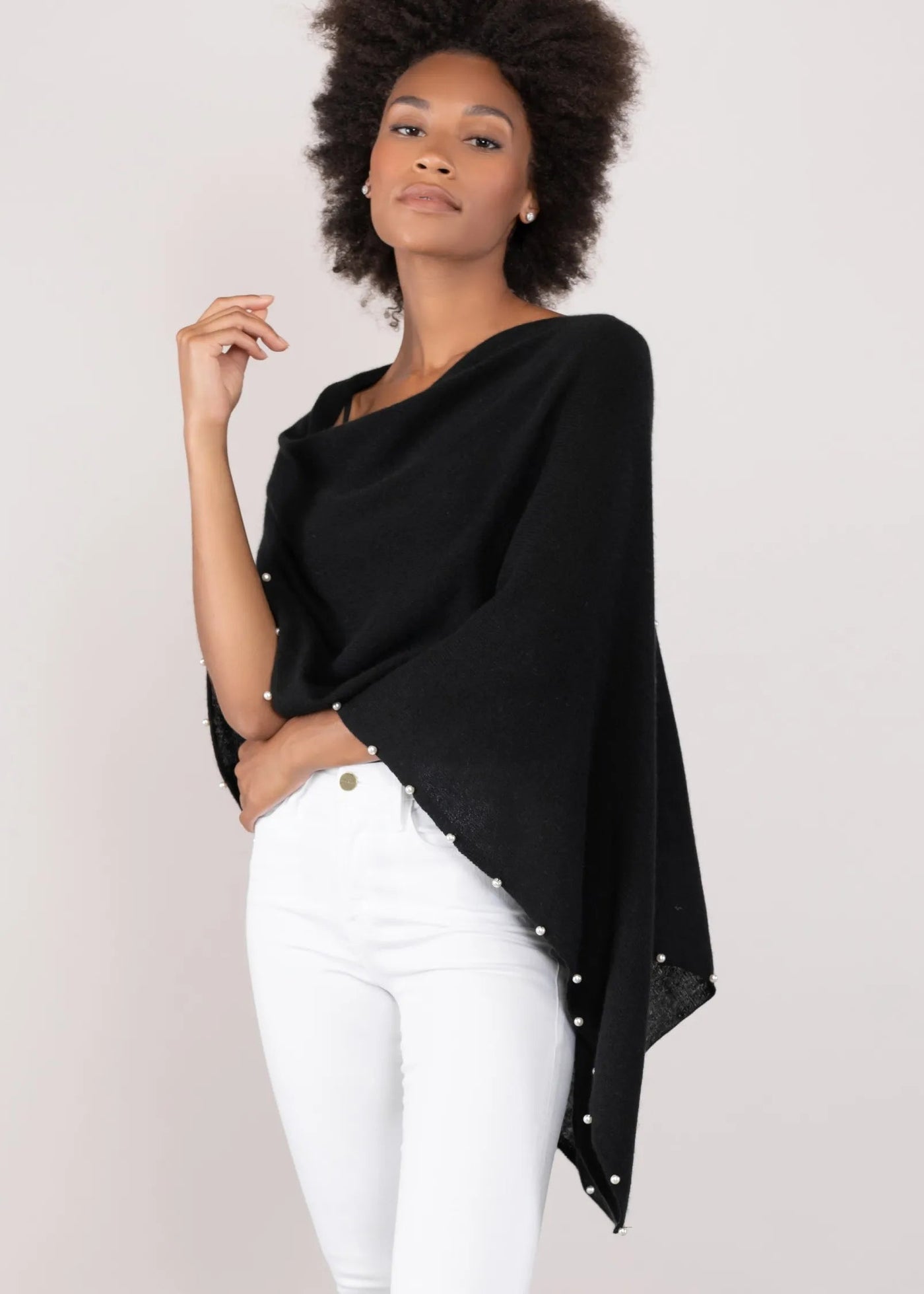 Alashan Pearl Trim Poncho Ebony