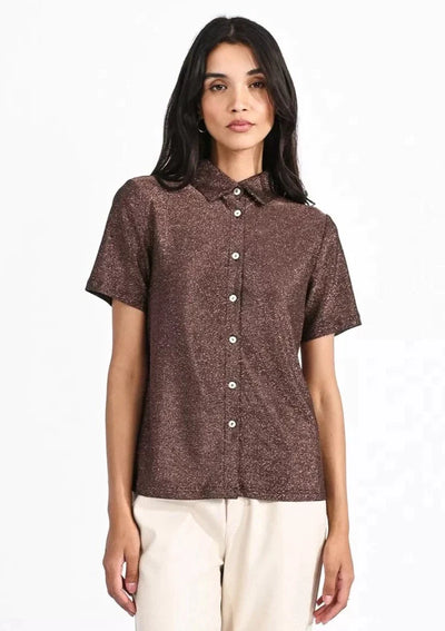 Molly Bracken Sparkle Lurex Button Up S/S Shirt - Bronze