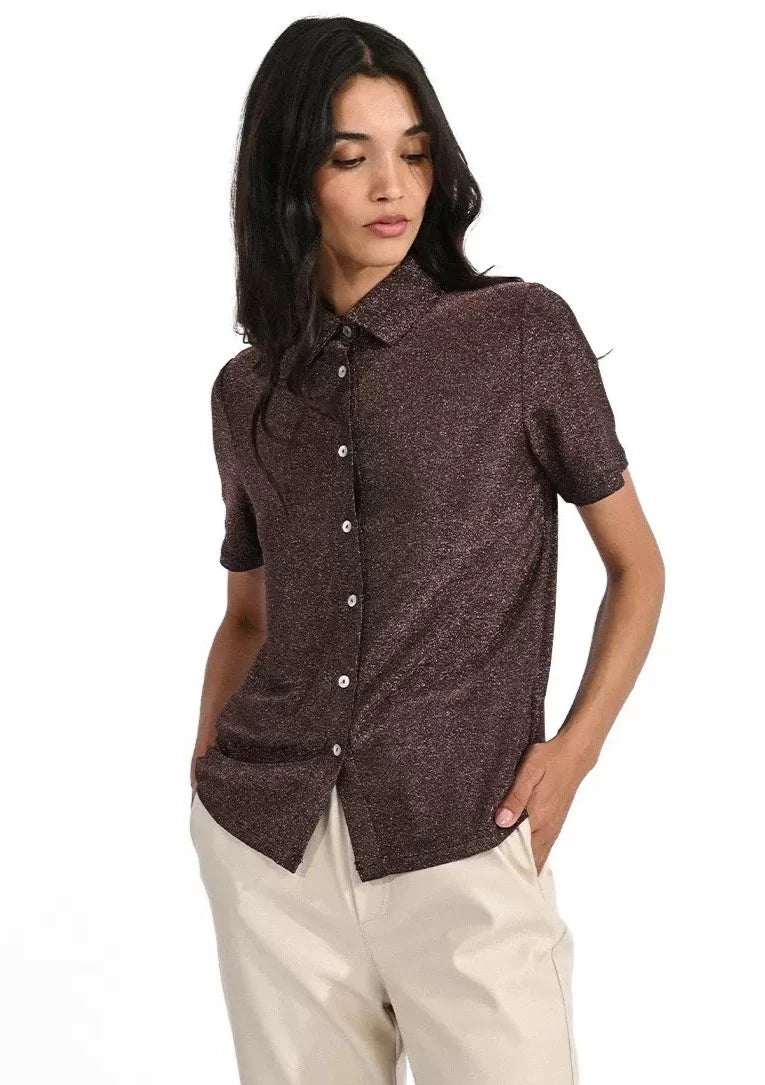 Molly Bracken Sparkle Lurex Button Up S/S Shirt - Bronze