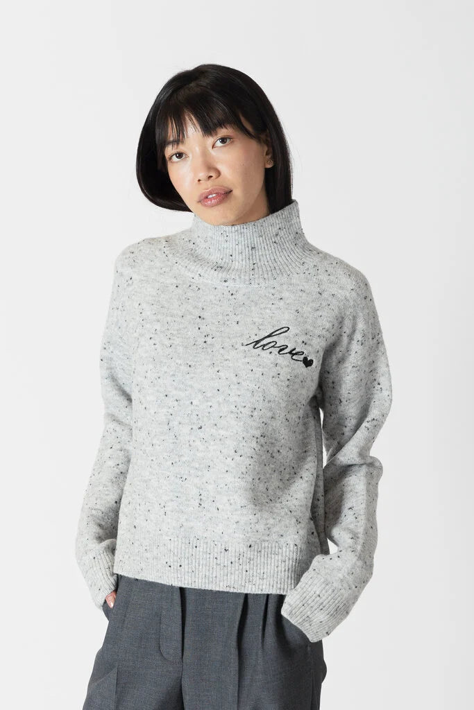 Lyla & Luxe Fleck Mock Neck W/ Love Stitching Grey