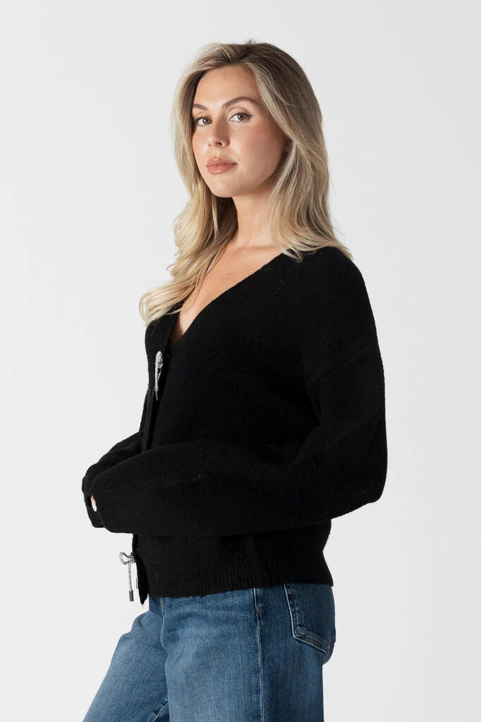 Lyla & Luxe Cardigan W/ Bow Crystal Buttons Black