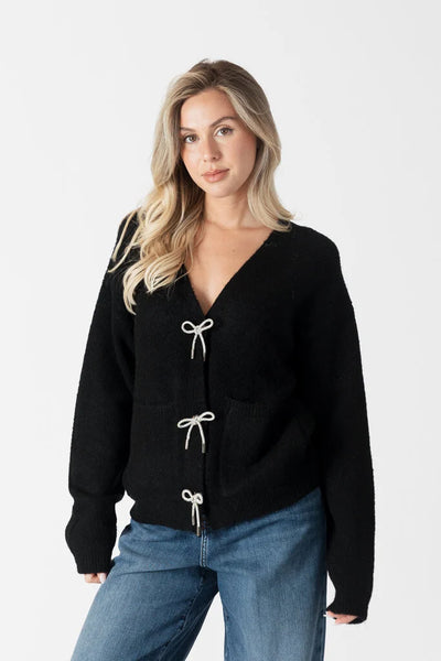 Lyla & Luxe Cardigan W/ Bow Crystal Buttons Black