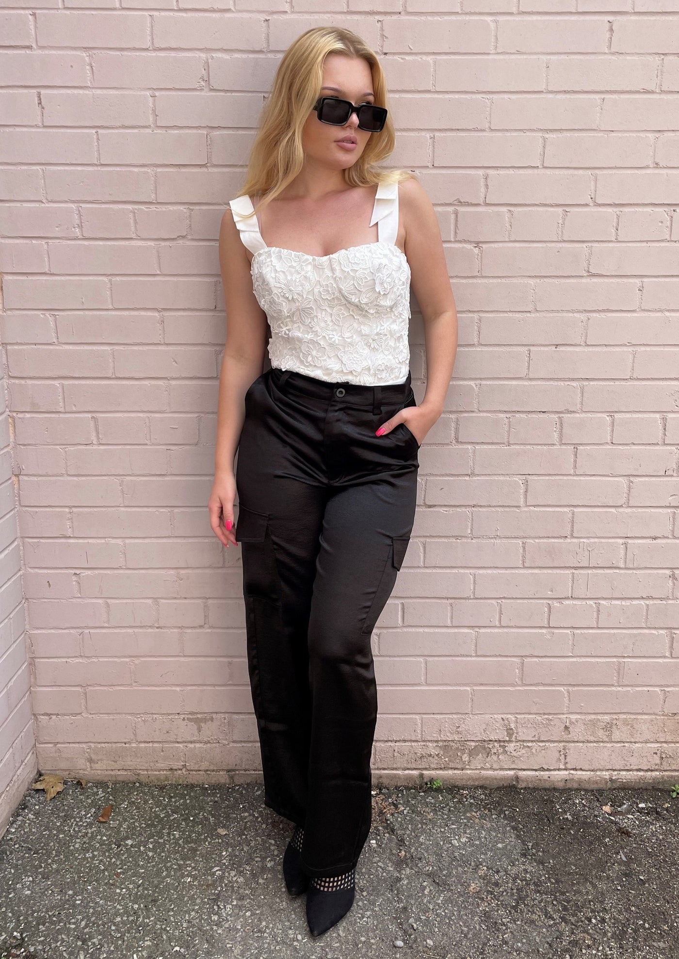 The Pink Door Silky Trousers w/ Cargo Pockets - Black