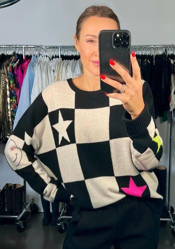 Brodie Checkmate Cashmere Sweater - Black/White