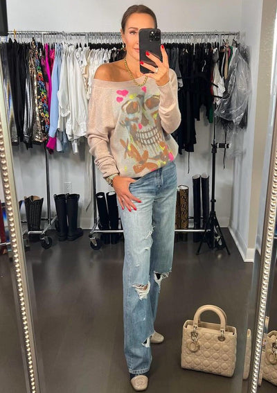 Lisa Todd Skull Back V-neck Sweater - Oatmeal